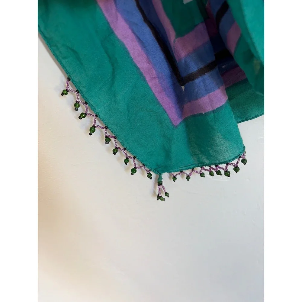 Anokhi for Taraliya Cotton Bloc Print Scarf Teal Purple Pink Beaded Fringe 45x45